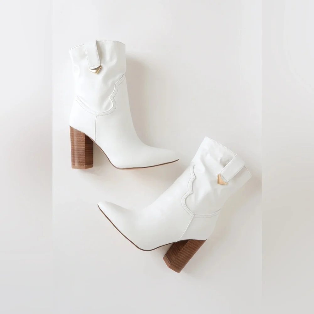 Lulus | Taryne White Pointed-Toe Booties Size 9 Boho Western Fall Vibes